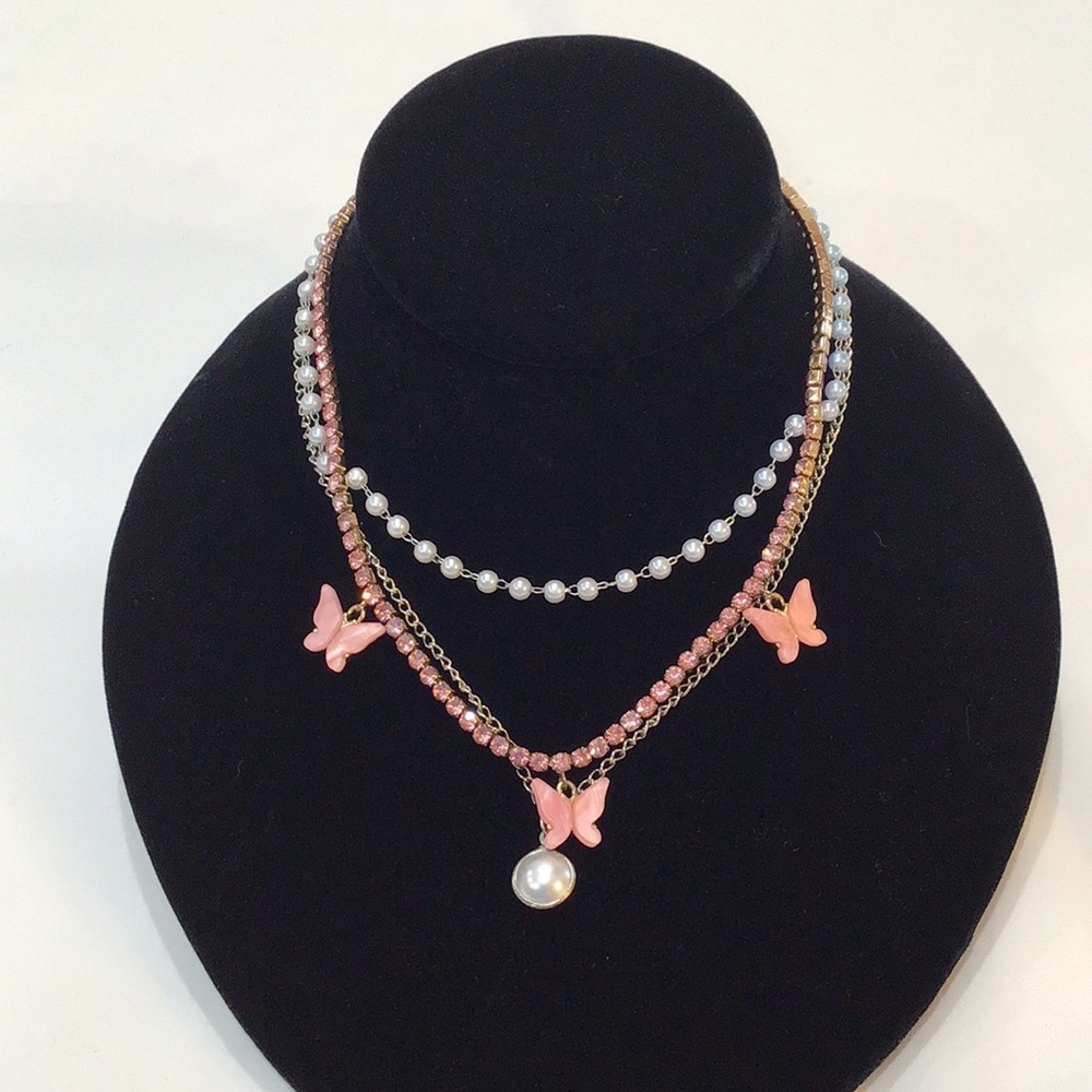 Two dainty kid’s necklaces butterfly faux pearl EUC